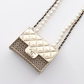 CHANEL Matelasse Necklace, Gold-Plated Leather with Faux Pearls, Women's, Available in Gold, Ivory,