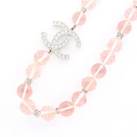 Chanel Coco Mark Necklace, Stainless Steel, Plastic, and Rhinestones, Women's, Silver, Pink, Clear