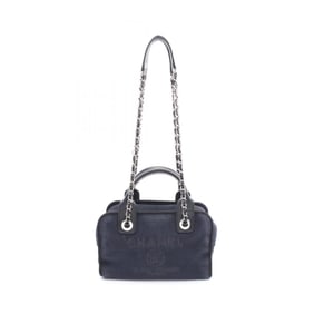 CHANEL Deauville Bowling Bag Shoulder Canvas Leather Women's Navy Black
