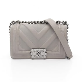 CHANEL Boy Chanel Small V-Stitch Shoulder Bag, Leather, Women's, Gray, 67085