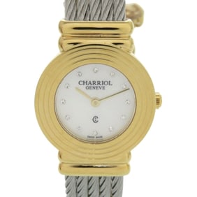 Unused Charriol Saint-Tropez 12-Piece Diamond Stainless Steel Watch with White Shell and Gold Dial,