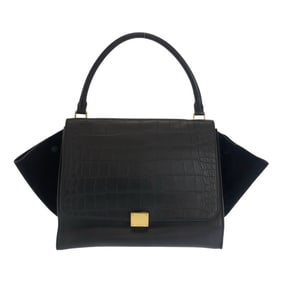 CELINE Trapeze Embossed Black Leather Shoulder Bag with Gold Hardware for Women
