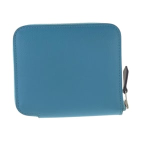 HERMES Azap Compact Silkin Blue with Silver Hardware, Leather/Silk Folding Wallet, Coin Purse, D