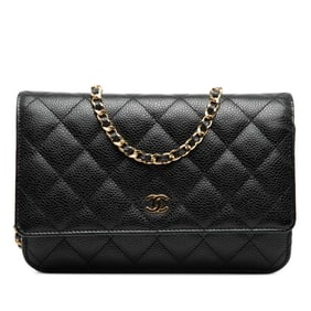 CHANEL Matelasse Coco Mark Chain Shoulder Bag/Wallet Bag A33814 Black Caviar Skin Women's