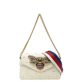 Gucci Broadway Pearl & Bee Chain Shoulder Bag, 2-Way, 453778, White Gold Leather, Women's, GUCCI