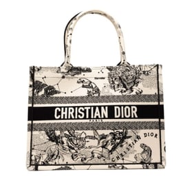 Christian Dior Dior Book Tote Medium Zodiac Embroidery Bag Beige Black Canvas Women's