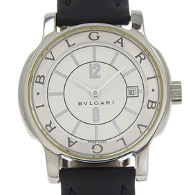 BVLGARI Solo Tempo Watch ST29S Stainless Steel and Leather Quartz Analog Display White Dial for