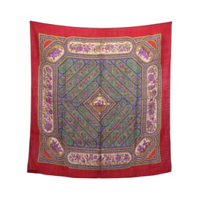 Hermes Hermès Carré 90 QALAMDAN Scarf, Silk, Cashmere, Women's, Red, Multicolor