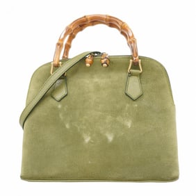 Gucci Bamboo Handbag 000 1046 0290 Suede Green Champagne 2-Way Bag for Women P1621663