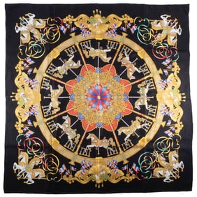 Hermes Hermès Carré 90 Scarf, LUNA PARK, Rectangular Silk, Black and Gold, Merry-go-round Design
