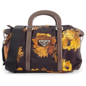 Prada floral print shoulder bag in dark brown and yellow nylon.