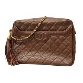 Chanel Shoulder Bag with Matelasse Chain Bag, Caviar Skin, Brown, Women's