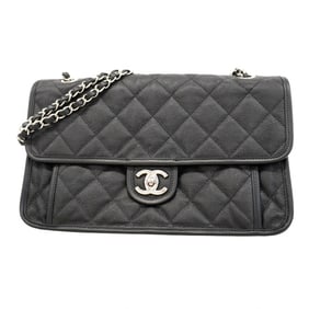 Chanel Shoulder Bag, Double Chain, French Riviera Caviar Skin, Black, Women's