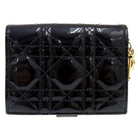 Christian Dior Dior Cannage Logo Charm Patent Leather/Enamel Black Bifold Wallet with Gold Hardware,