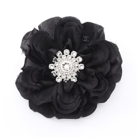 CHANEL Camellia Brooch, Silk, Women's, Black and Clear, 25A