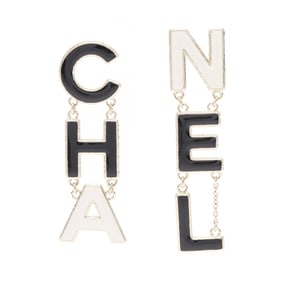 CHANEL logo earrings, gold-plated, for women, available in gold, black, and white.