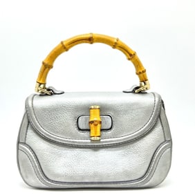 GUCCI 254884 New Bamboo Handle Handbag Leather Women's Silver