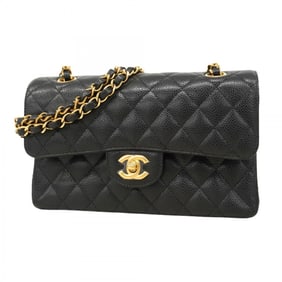 Chanel Matelasse Shoulder Bag with Double Flap and Chain, Caviar Skin, Black, Women's