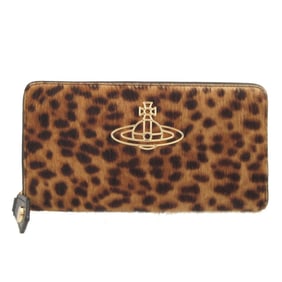 Like new Vivienne Westwood orb patterned brown pony leather round zipper long wallet 1659