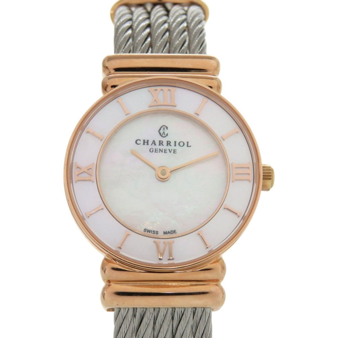 Unused Charriol Saint-Tropez 028PI.540.556 Stainless Steel White Shell Pink Gold Dial Quartz: --- Catalog ---Category: SizeWrist Size: 15cm / 5.9''Case Diameter: 25mm / 0.98''Category: DesignType: WristwatchGender: WomenDisplay: AnalogGemstone: White shellColor (Dial): White shellMaterial (Ban