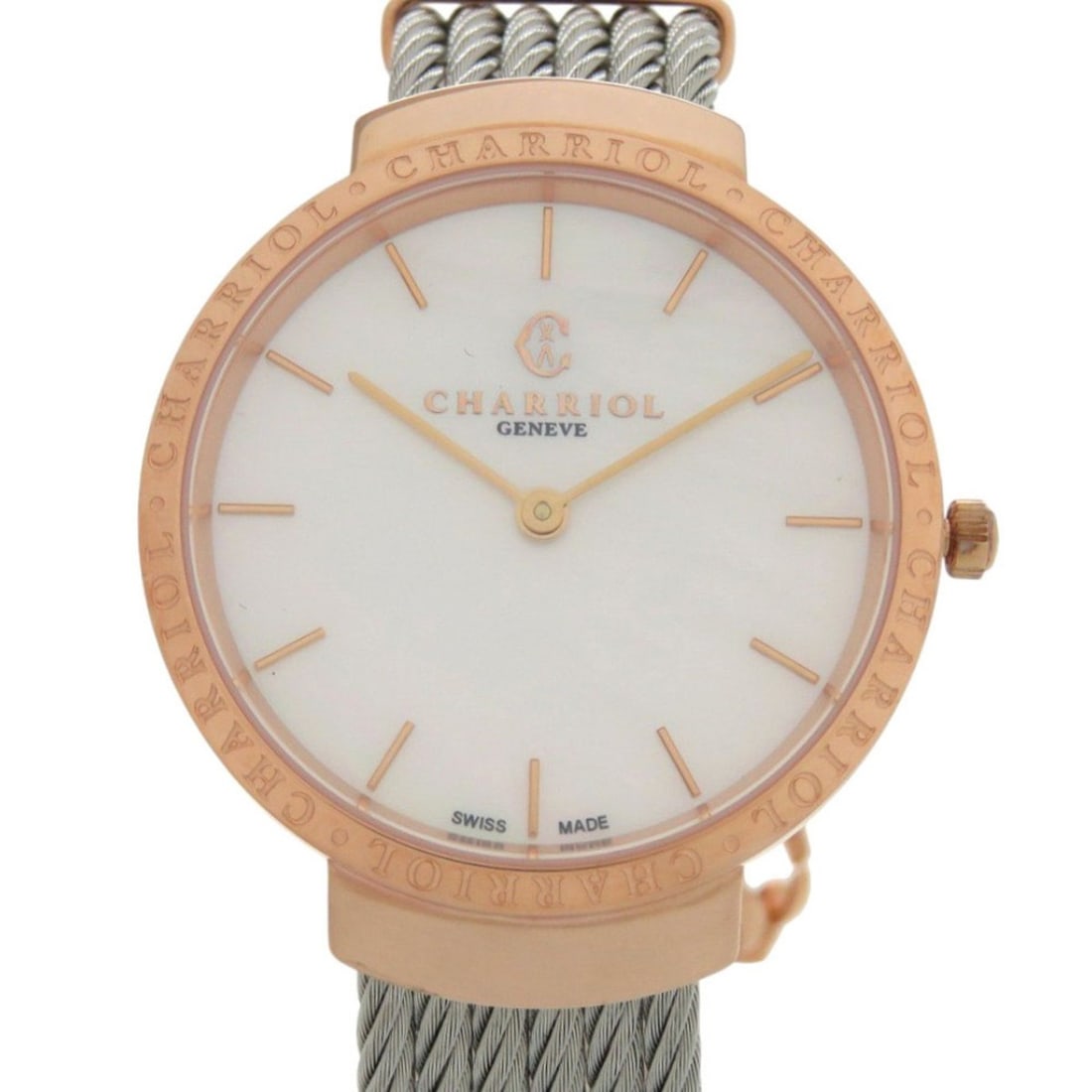 Unused Charriol Saint-Tropez Stainless Steel White Shell with Dial and Pink Gold Quartz Wristwatch: --- Catalog ---Category: SizeWrist Size: 15cm / 5.9''Case Diameter: 35mm / 1.38''Category: DesignType: WristwatchGender: WomenDisplay: AnalogColor (Dial): White shellMaterial (Band): Stainless steelMa