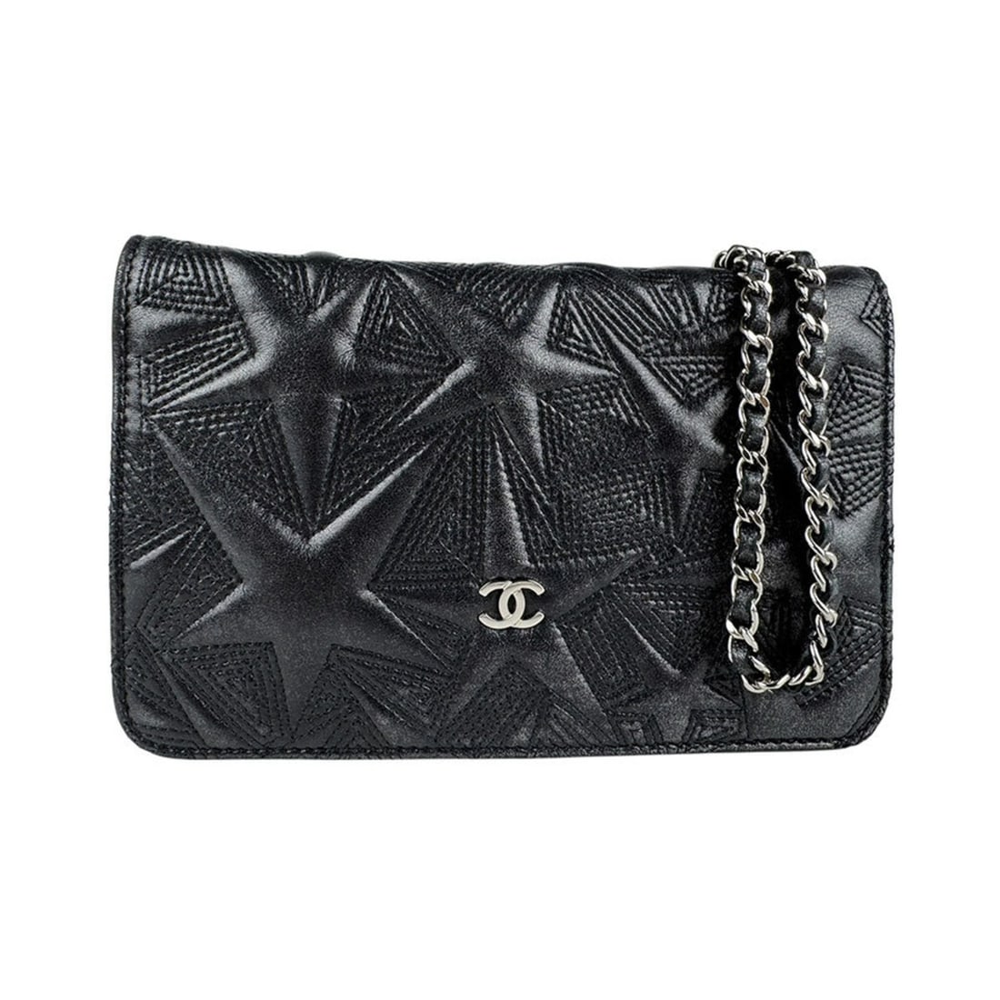 CHANEL Shoulder Bag with Chain Wallet in Black and Silver Leather, Women's, Z6584 (1 of 10)