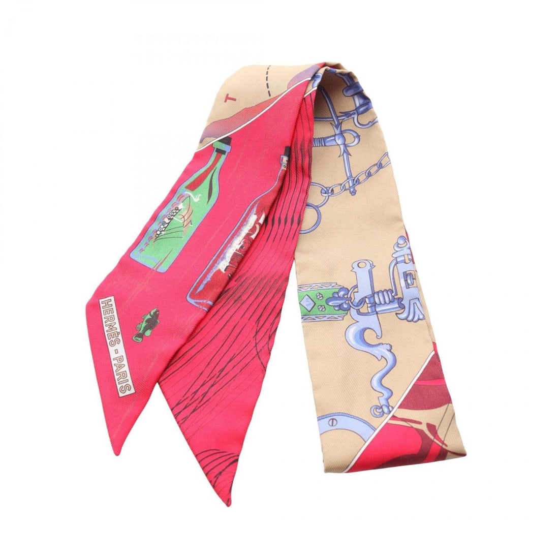 Hermes Hermès Twilly "Calleche Mors et Bouteilles" Silk Scarf for Women, Multicolor, Pink, Beige (1 of 5)