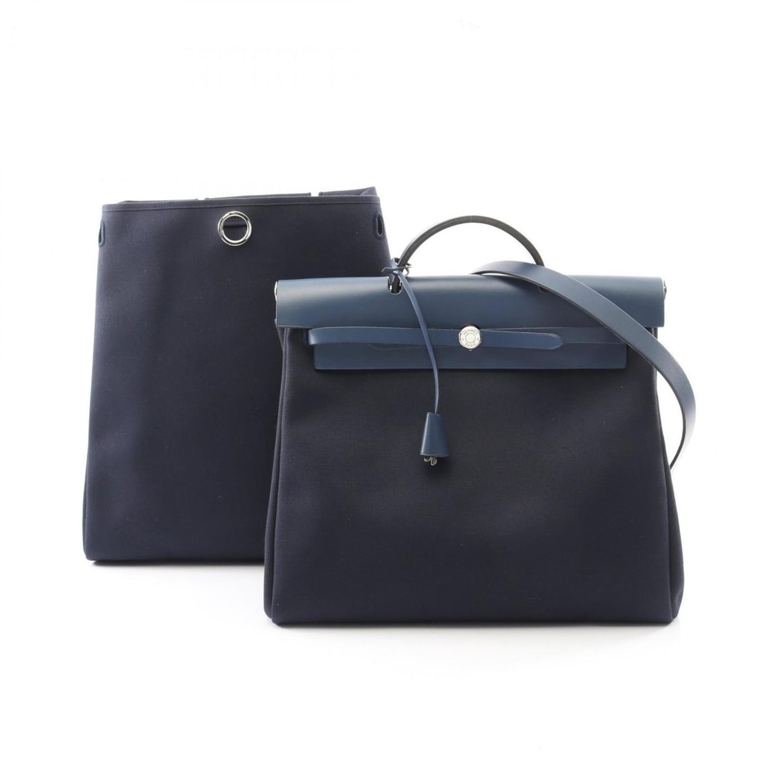 Hermes Hermès Air Bag MM handbag in canvas and calfskin leather. Toile Officier Vache Hunter. Navy. (1 of 10)