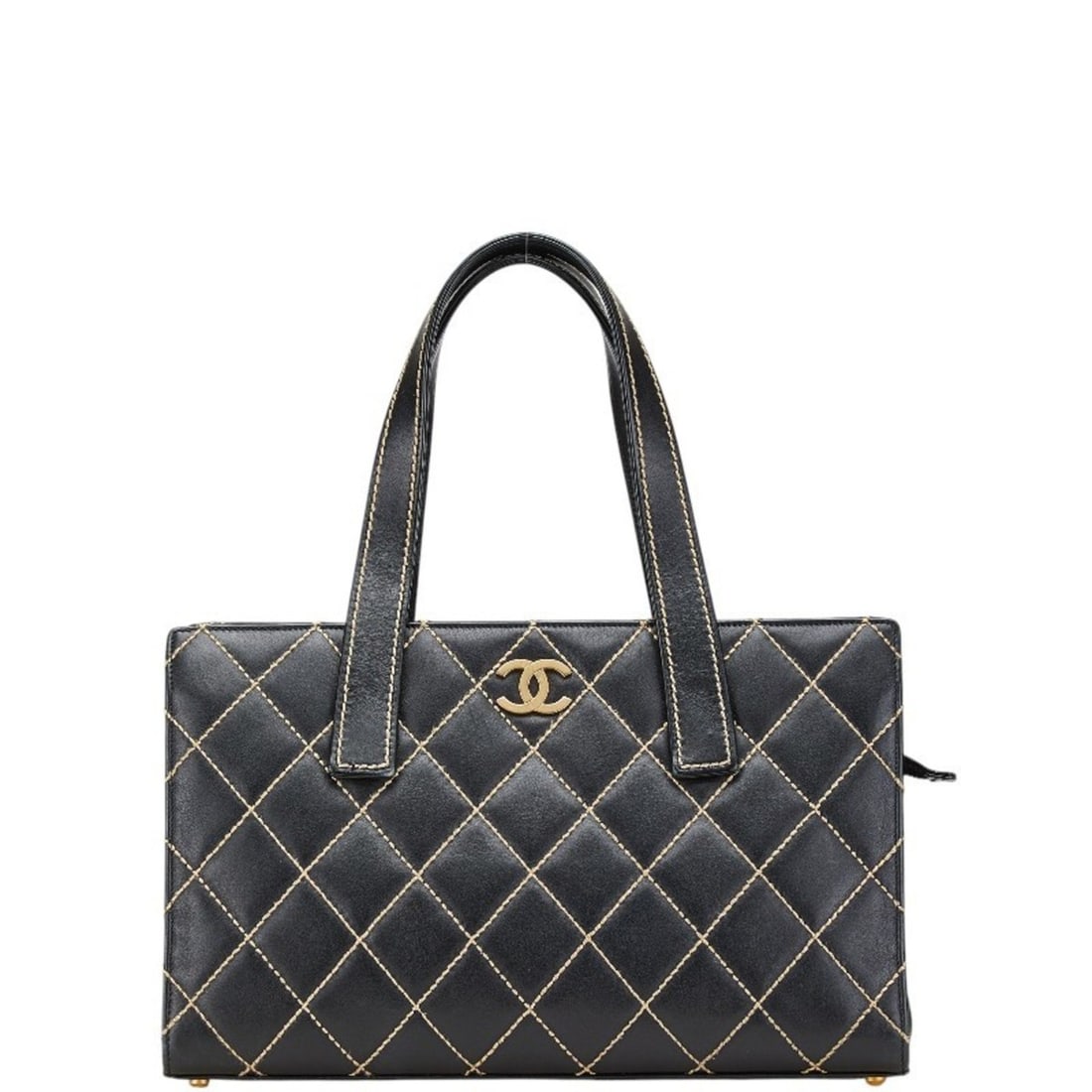CHANEL Matelasse Wild Stitch Coco Mark Handbag Tote Bag Black Leather Women's (1 of 19)