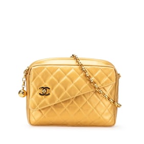 CHANEL Matelasse Coco Mark Ball Chain Shoulder Bag in Gold Lambskin for Women