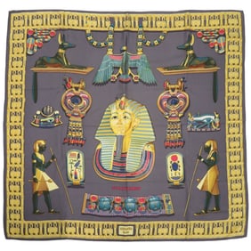 Hermes Carré 90 Tutankhamun Silk Gray Scarf Muffler 0123 HERMES