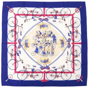 Hermes Hermès Carré 90 LES BECANES Bicycle Silk Blue Scarf Muffler 0141