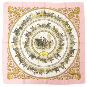 Hermès Carré 90 "LA PROMENADE DE LONGCHAMPS" Silk Pink Scarf Muffler 0130 HERMES
