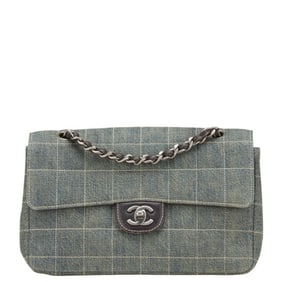 Chanel Coco Mark Chocolate Bar Chain Shoulder Bag in Light Blue, Black, Denim and Leather for Women