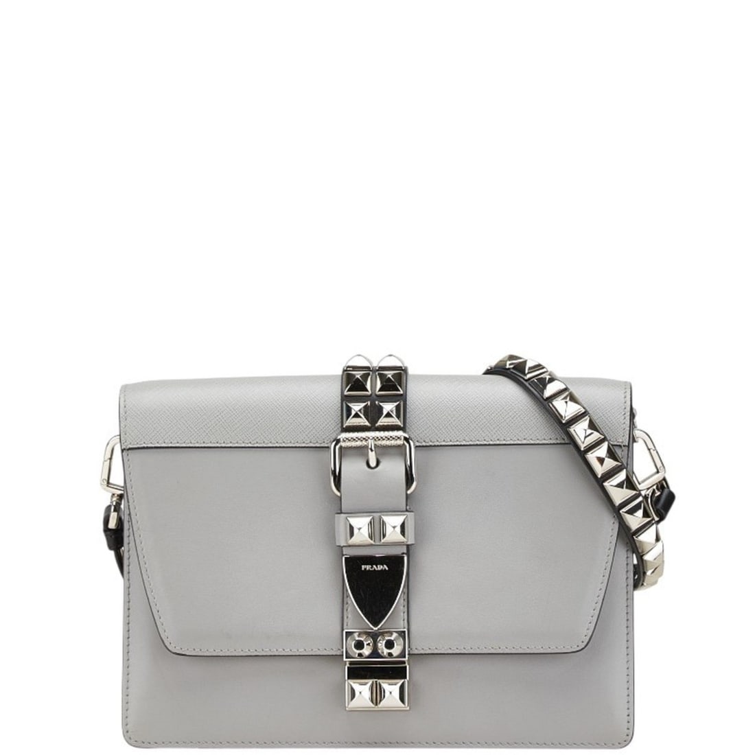 Prada Studded Crossbody Shoulder Bag in Gray Leather for Women: --- Catalog ---Category: SizeSize (HxWxD): 17cm x 23.5cm x 6cm / 6.69'' x 9.25'' x 2.36''Category: DesignType: Shoulder bagColor: GrayGender: WomenMaterial: Leather Category: GeneralBrand: Prada--- It