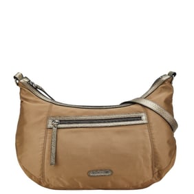 Burberry logo plate shoulder bag in brown nylon and leather for women.