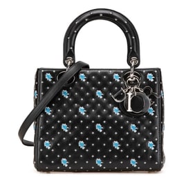 Christian Dior Dior Embroidered Flower Handbag/Shoulder Bag, 2-Way, Black/Blue Leather, Women's,
