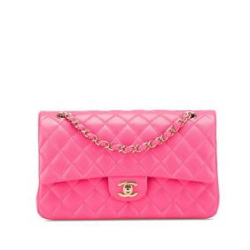 CHANEL Matelasse 25 Coco Mark Double Flap Chain Shoulder Bag in Pink Caviar Leather with Gold