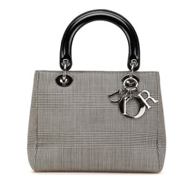 Christian Dior Dior Lady Houndstooth Handbag Black White Canvas Leather Women's