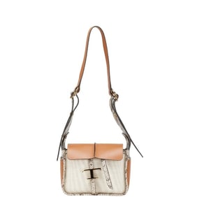 Tod's T Timeless Python Embossed Shoulder Bag in Ivory and Brown Leather Canvas for Women