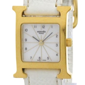 HERMES H Watch Gold Plated Leather Quartz Ladies Watch HH1.201 Polished
