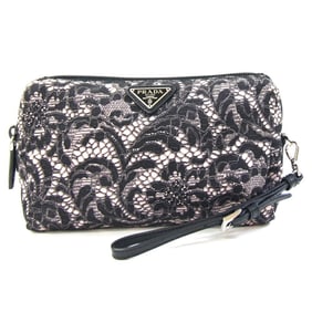 Prada Pouch 1NE693 Pink Beige Black Nylon Leather Clutch Bag for Women