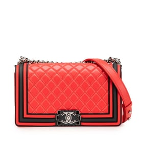 CHANEL Boy Chanel Coco Mark Chain Shoulder Bag in Red and Black Lambskin Rubber for Women
