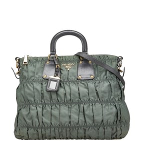 Prada 2-way handbag/shoulder bag in khaki, gray, nylon, and leather for women.