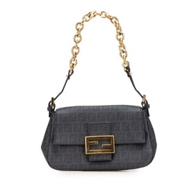 FENDI Zucchino Mini Mamma Bucket Chain Handbag 8BR180 Black Leather Women's