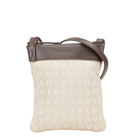 BVLGARI Logomania Shoulder Bag in Beige and Brown Canvas Leather for Women