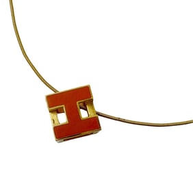 Hermes Hermès Necklace, Cage d'Ache H Cube, Women's, Metal, Orange and Gold, Pendant