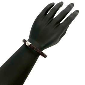 BOTTEGA VENETA Intrecciato Sterling Silver 925 Leather Bracelet Bangle in Brown and Silver, 34386