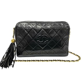 CHANEL Matelasse Coco Mark Lambskin Leather Tassel Chain Shoulder Bag, Black, 33102