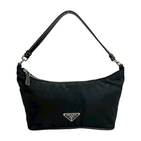PRADA Triangle Logo Tessuto Nylon and Leather Handbag/Semi-Shoulder Bag, Black, 95656